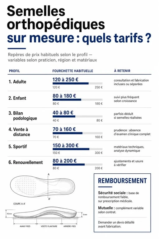 Infographie semelles orthopédiques sur mesure tarif avec prix, remboursement et reste à charge