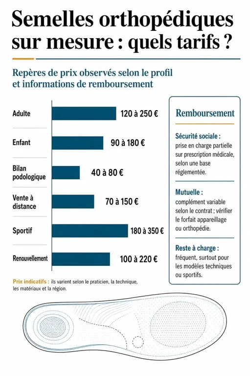 Infographie semelles orthopédiques sur mesure tarif avec prix, remboursement et reste à charge