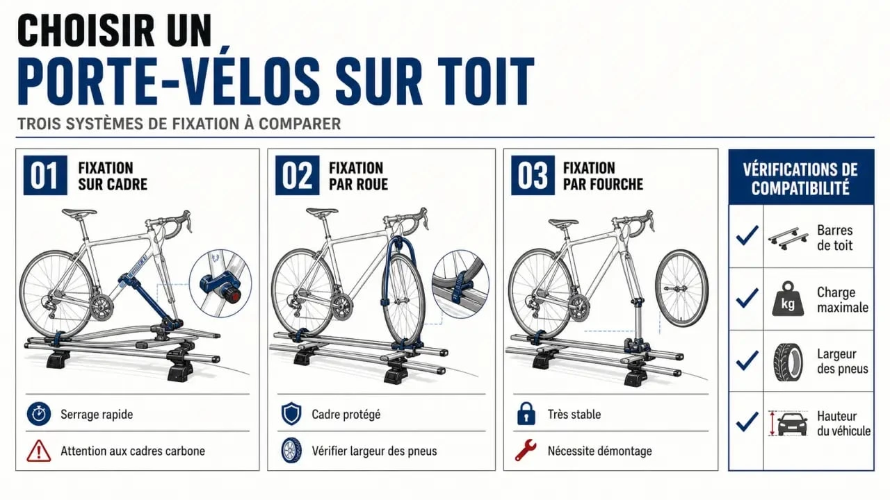 Comparatif visuel d’un porte velos sur toit avec fixation sur cadre, par roue et par fourche