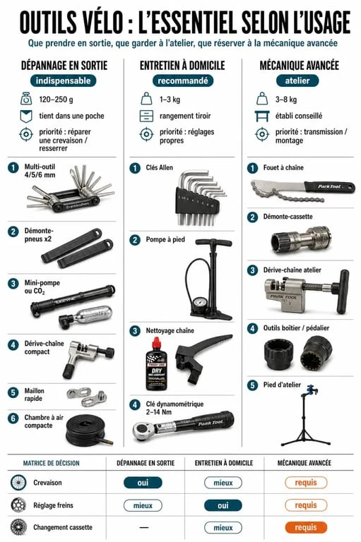 Outils velo : comparaison des outils de dépannage, d’entretien et d’atelier selon l’usage