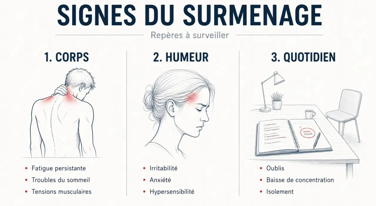Signes du surmenage illustrés dans une infographie claire des symptômes physiques, émotionnels et cognitifs