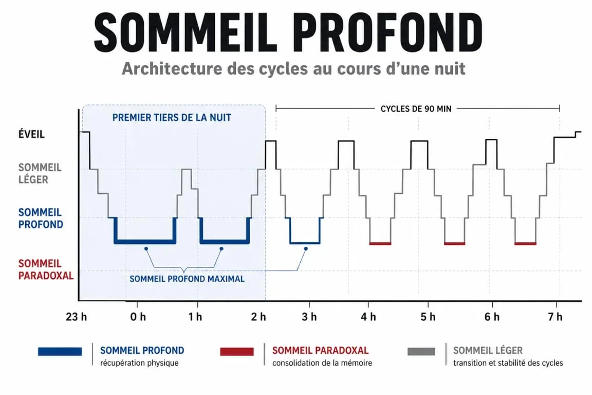 Absence de sommeil profond traitement : schéma des cycles de sommeil et du moment où survient le sommeil profond