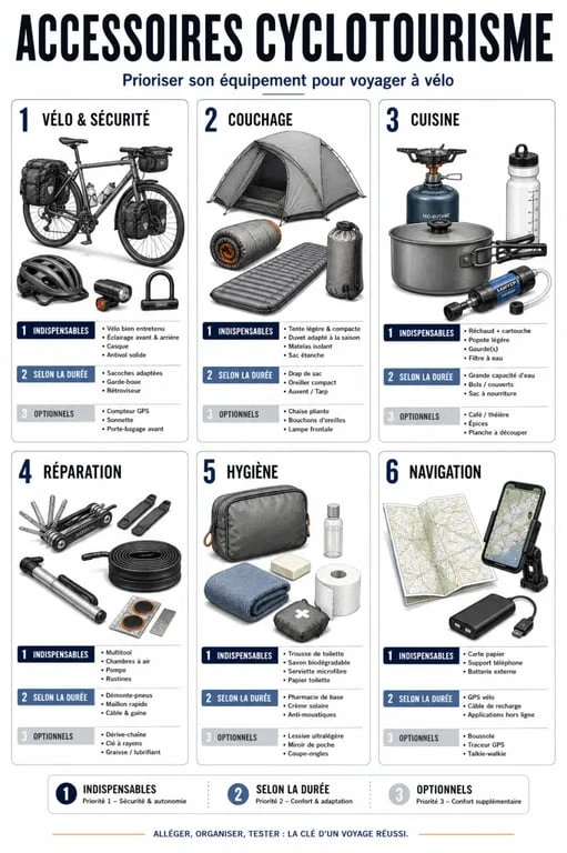 Infographie sur les accessoires cyclotourisme par catégories essentielles pour préparer un voyage à vélo