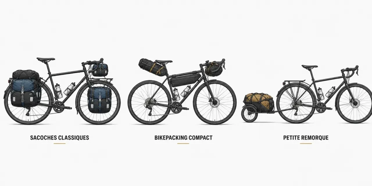 Cyclo rando : comparaison visuelle entre sacoches classiques, bikepacking et remorque