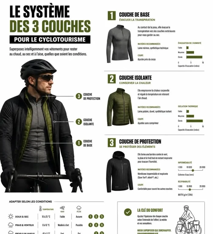 Infographie explicative du système des trois couches pour les vêtements de cyclotourisme