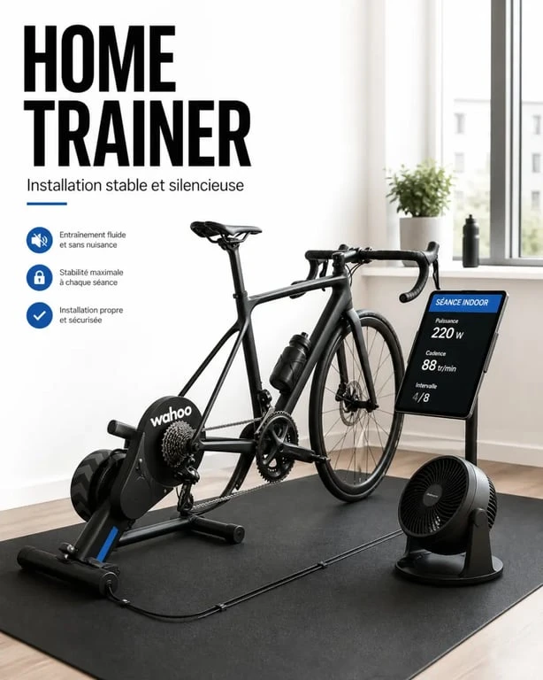 Installation d’un home trainer Wahoo avec vélo, tablette et ventilateur en intérieur