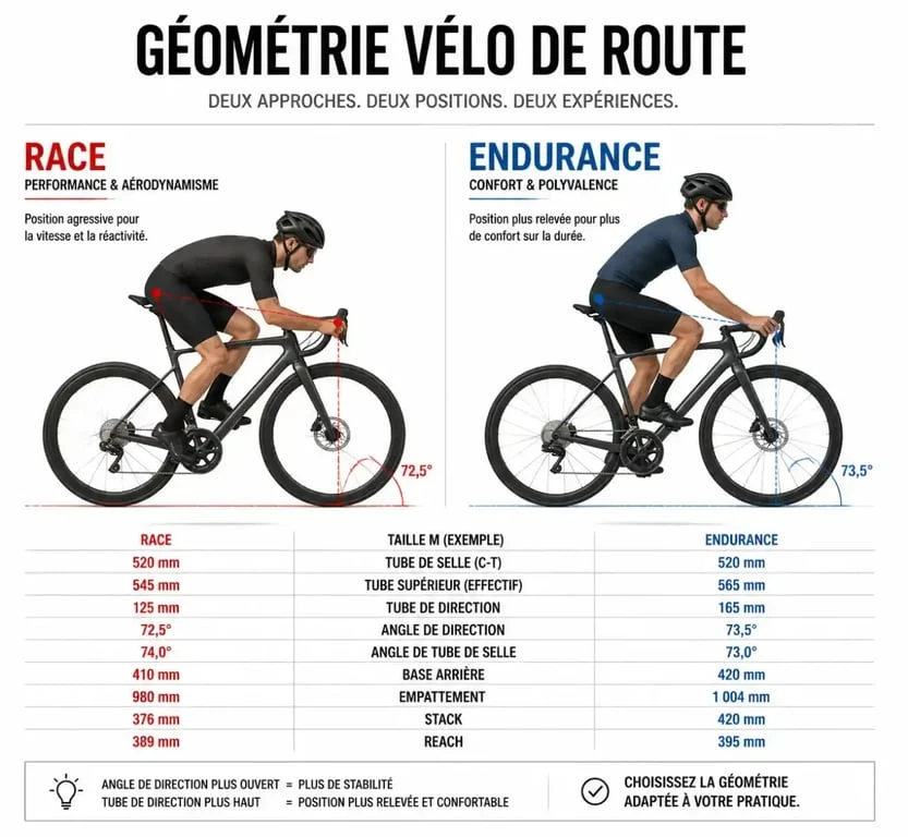 Comparaison géométrie vélo route course vs endurance Van Rysel