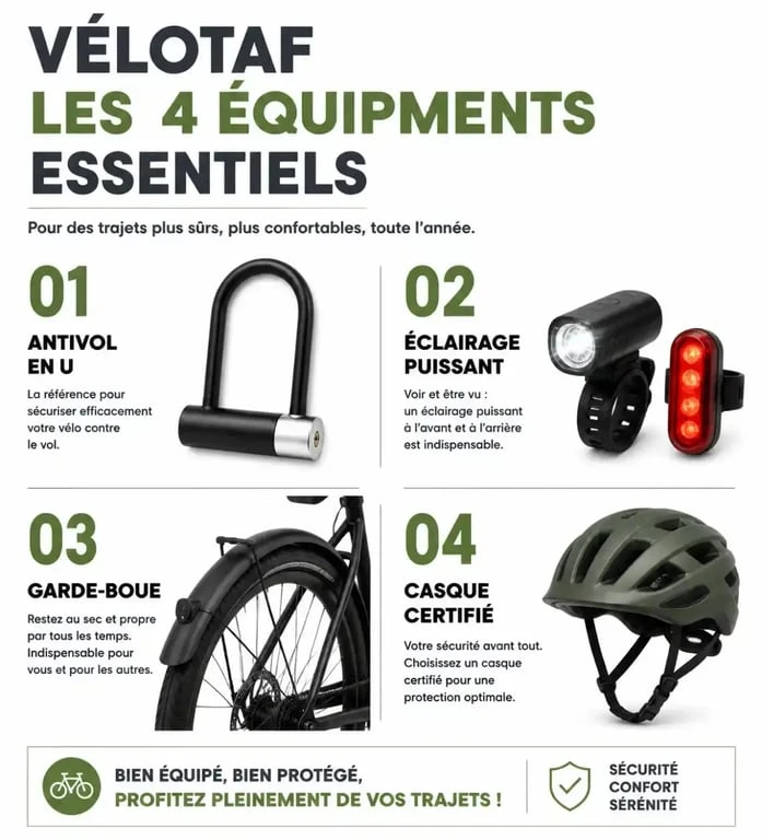 Infographie des équipements indispensables pour le vélotaf