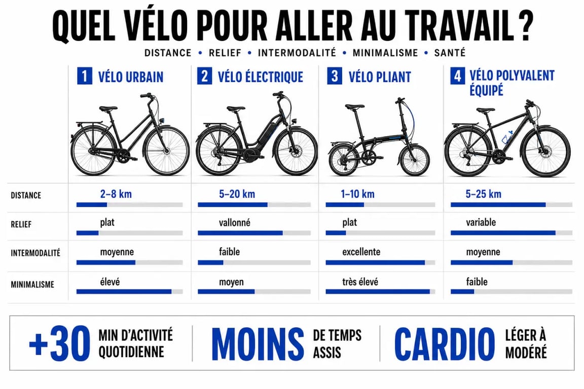 Optimiser sa santé et sa mobilité par le vélotaf minimaliste : comparatif visuel des vélos urbain, électrique, pliant et polyvalent selon le trajet domicile-travail