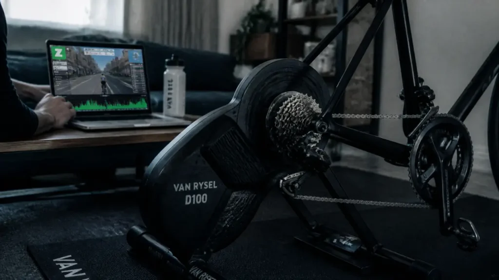 Home trainer d100 Van Rysel sur Zwift, puissance à l’écran