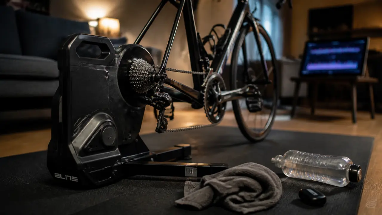 Home trainer elite direct-drive : vélo de route fixé sur tapis, session d’entraînement