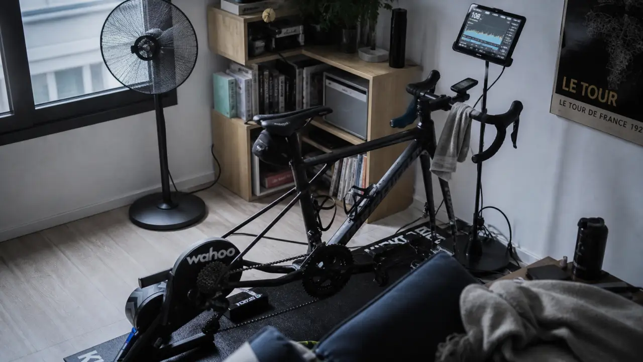 home trainer wahoo : vélo sur direct drive Wahoo, puissance visible