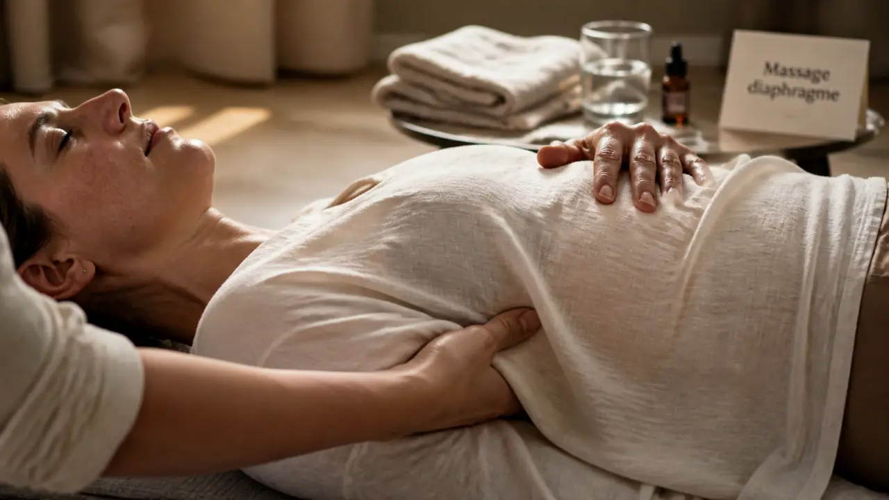 Massage diaphragme bienfaits : mains sur le haut de l’abdomen, relaxation du plexus et respiration