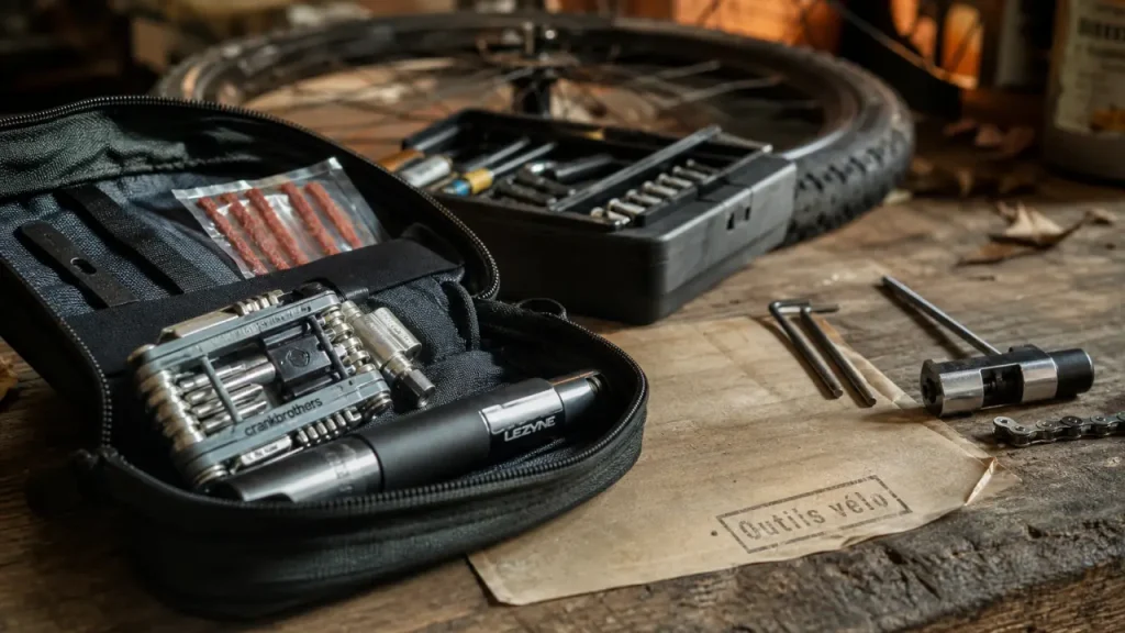 Outils velo : multi-outil compact et caisse d’atelier sur établi