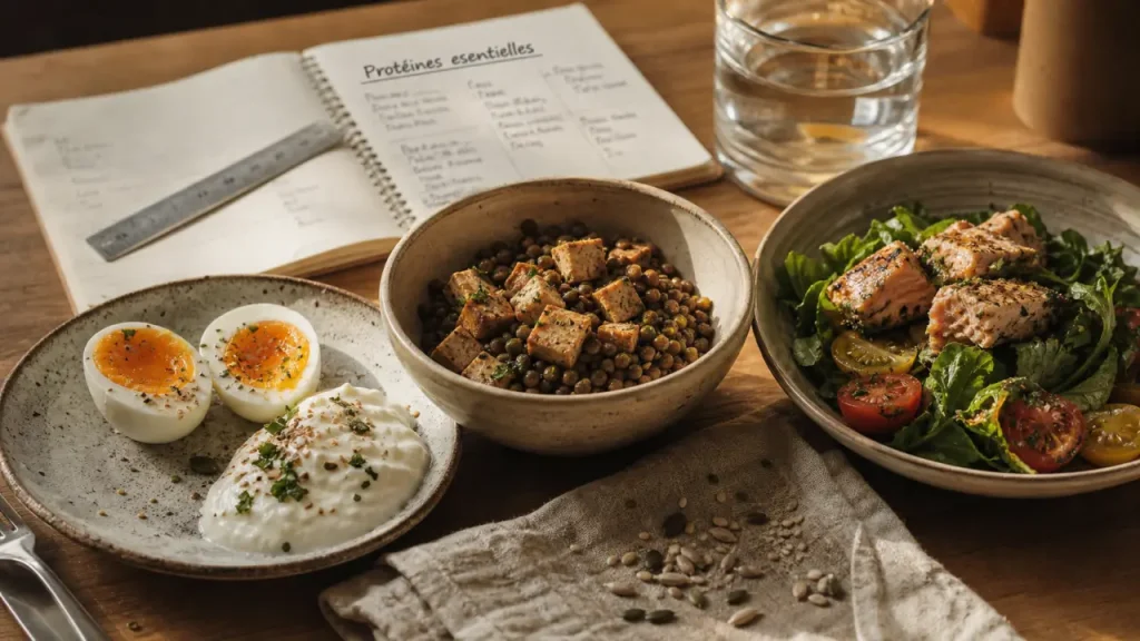 Pourquoi manger des proteines : assiettes nutritives (œufs, lentilles, salade, poisson)