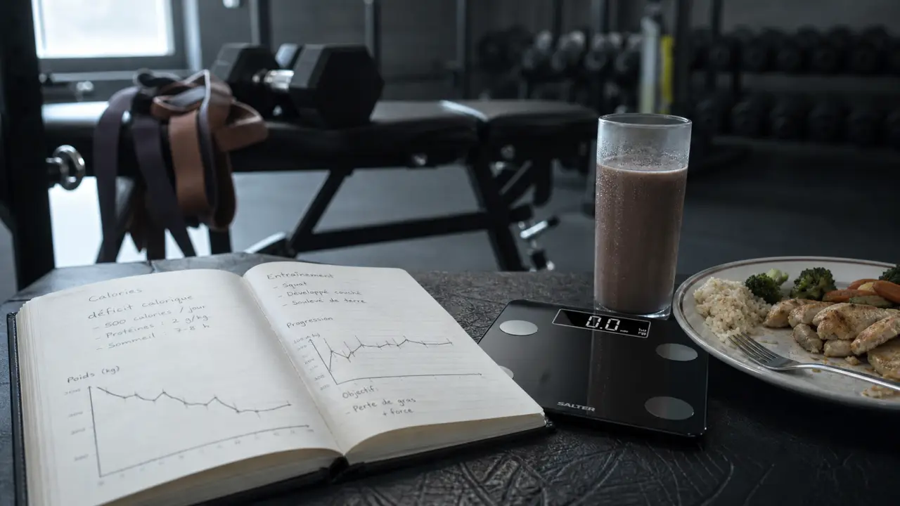 Programme de seche : carnet déficit calorique, balance, repas protéiné