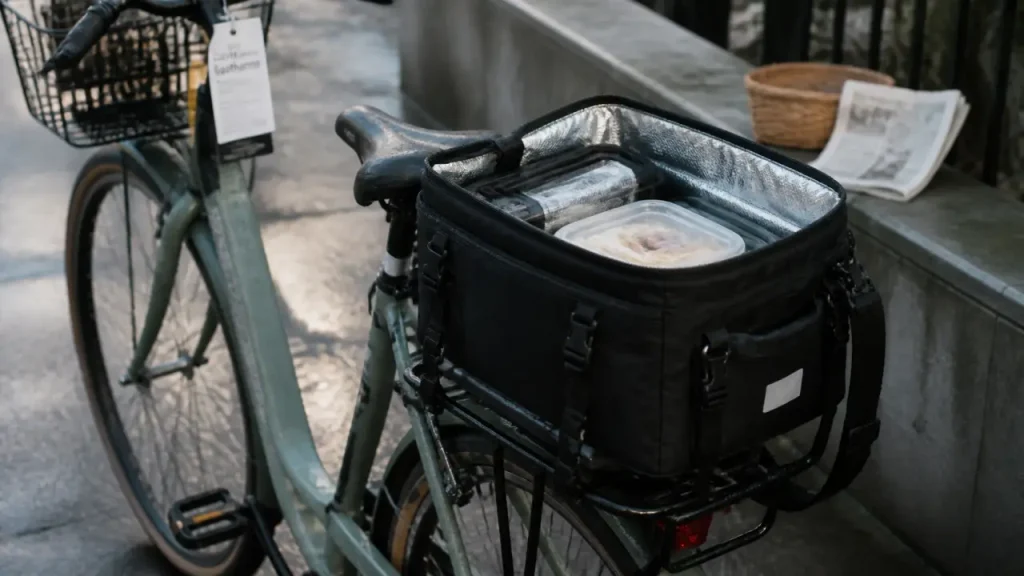 Sac velo isotherme 14L étanche fixé sur porte-bagage, vue arrière