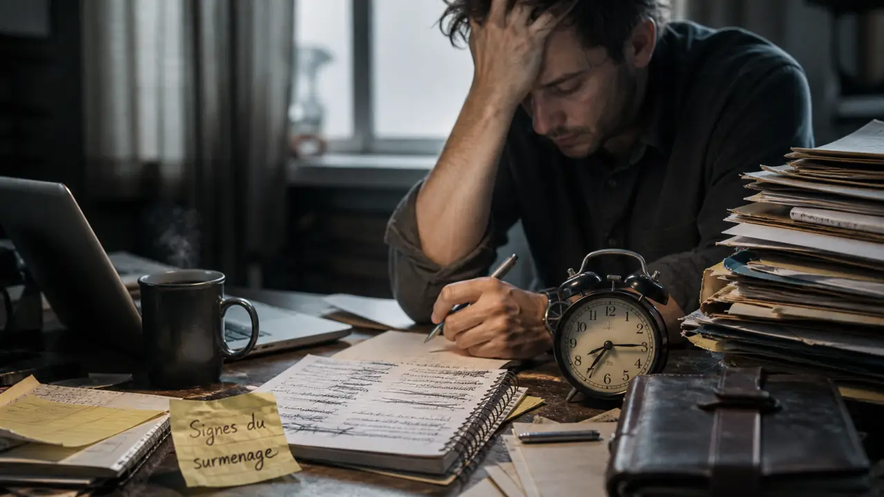 Signes du surmenage : fatigue persistante et sommeil perturbé sur un bureau