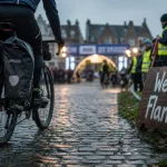 Tour des Flandres cyclotourisme : vélo sur pavés humides vers l’arrivée à Audenarde