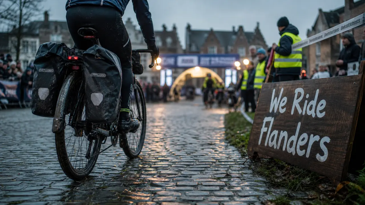 Tour des Flandres cyclotourisme : vélo sur pavés humides vers l’arrivée à Audenarde