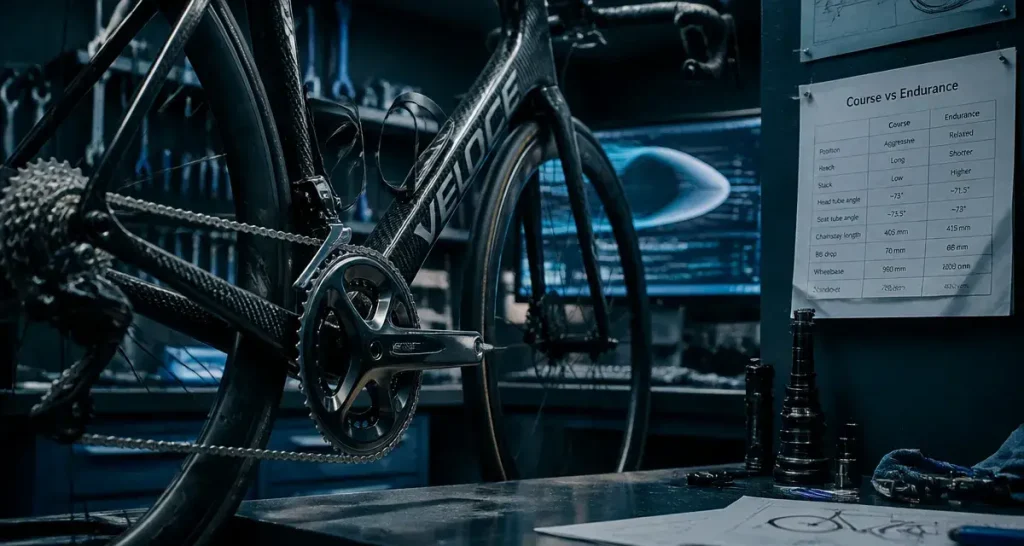 Velo Van Rysel : vélo de route carbone en atelier, gros plan cadre et transmission