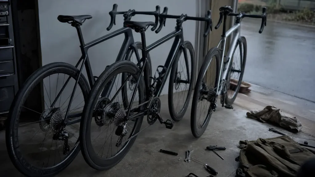 Velo van ryssel route RCR NCR ou E-GRVL, freins disque et roues carbone en atelier