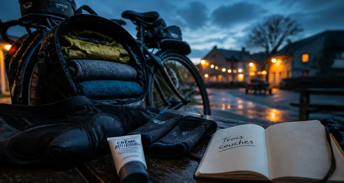 Vêtements cyclotourisme trois couches : veste pluie, polaire, haut mérinos au camping-étape