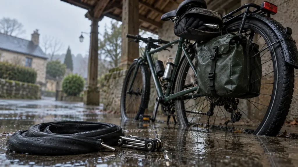 Accessoires pour cyclistes : éclairage, sacoche, gants et multi-outil sur vélo