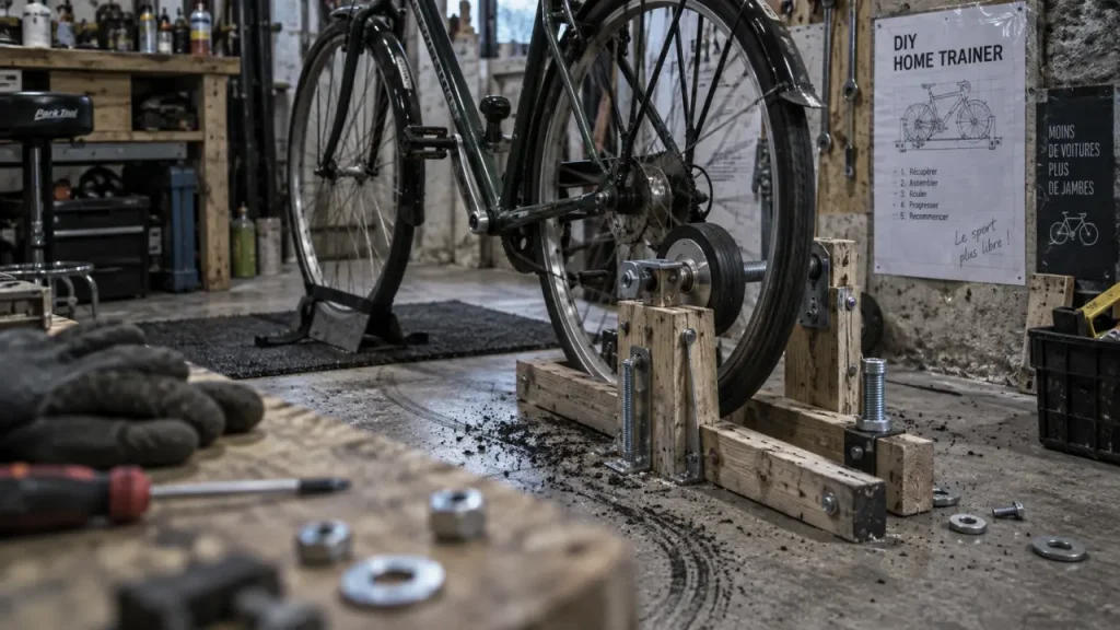 diy home trainer : roue avant du vélo immobilisée avant de pédaler