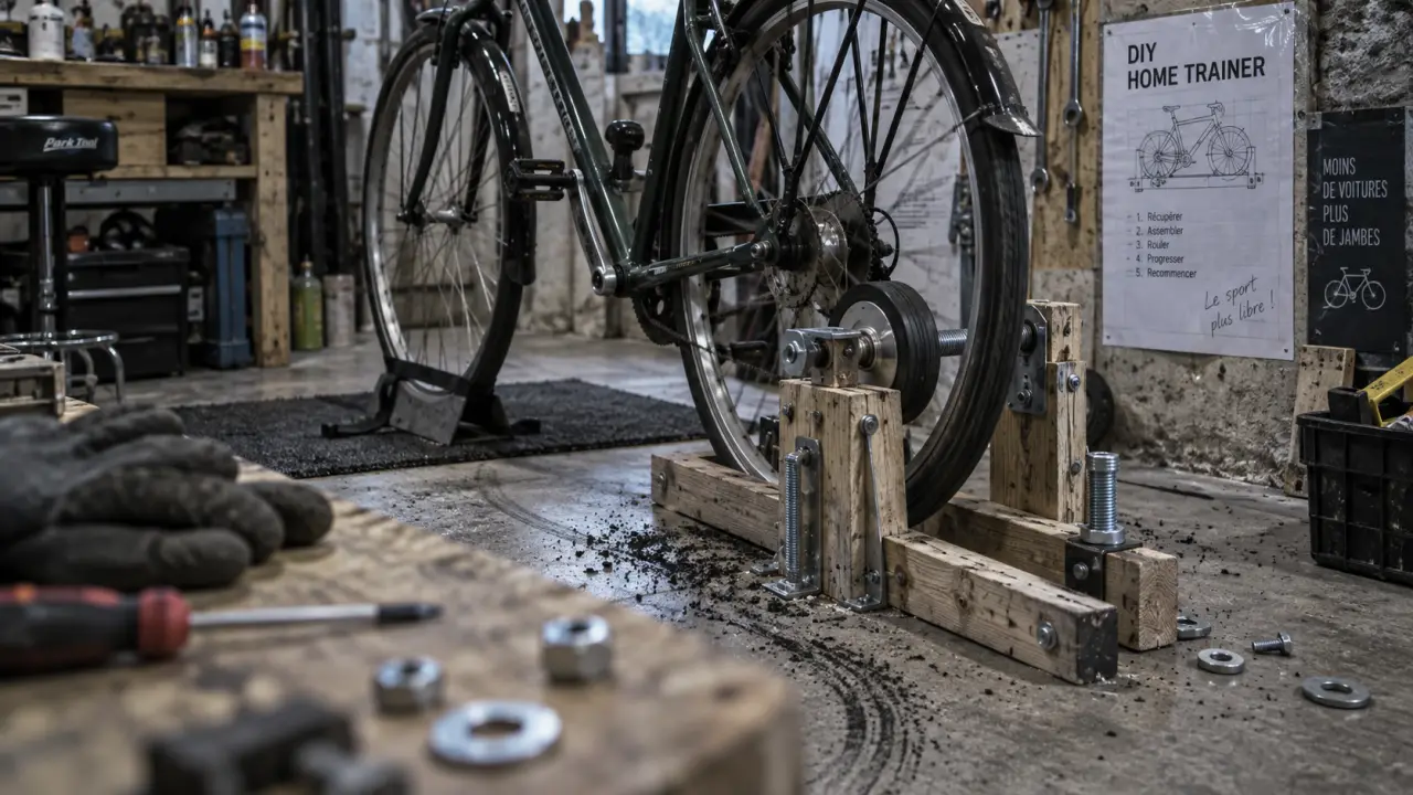 diy home trainer : roue avant du vélo immobilisée avant de pédaler