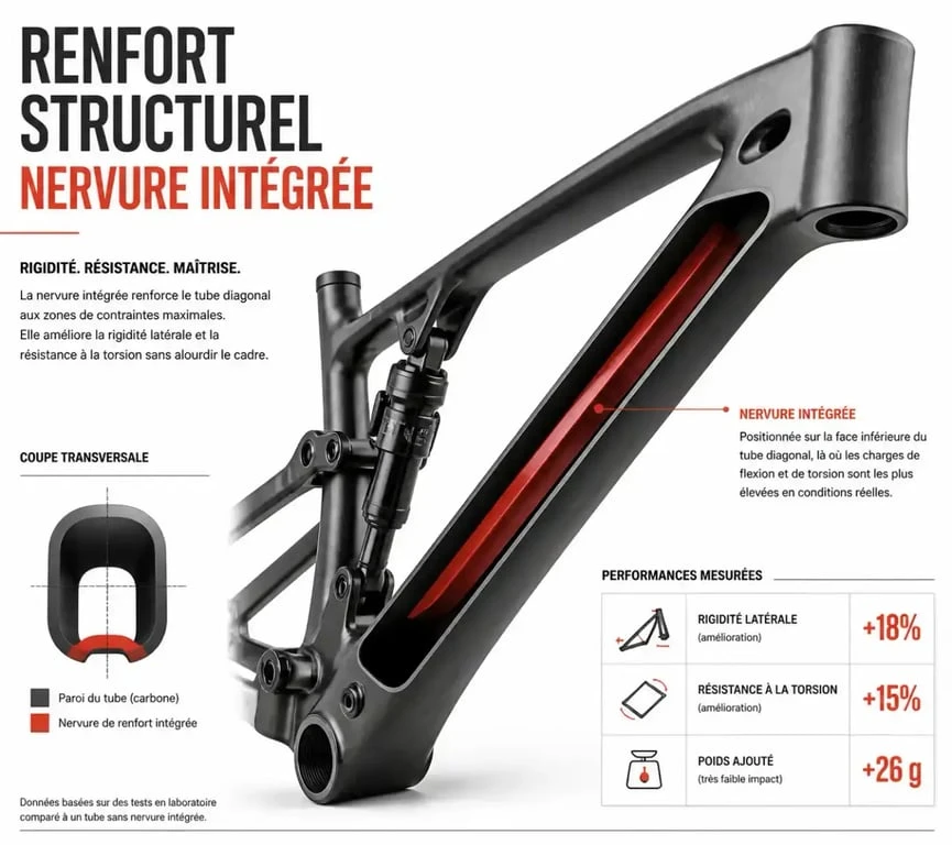 Schéma technique d'une pièce VTT montrant une nervure de renfort pour la solidité