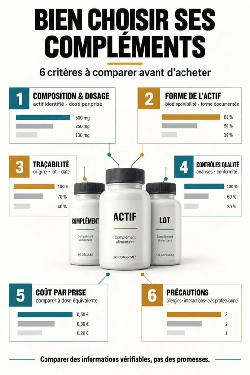 Infographie comparative pour choisir une meilleure marque de compléments alimentaires selon le dosage, la traçabilité et les contrôles