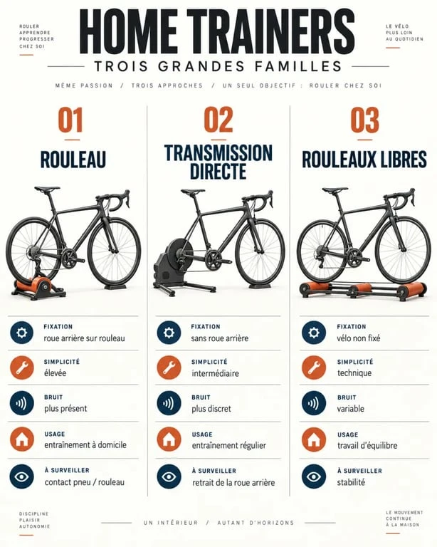 Infographie comparative des trois types de home trainers : résistance, transmission directe et rouleaux