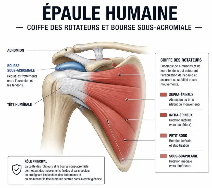 Schéma anatomique de la coiffe des rotateurs pour comprendre la tendinite épaule bras