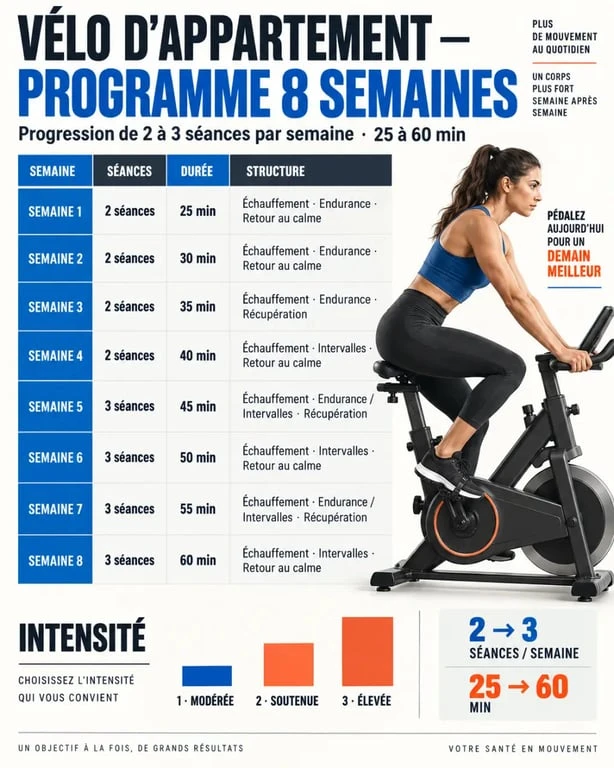 Infographie du programme entraînement vélo appartement pdf sur 8 semaines avec durée et intensité des séances