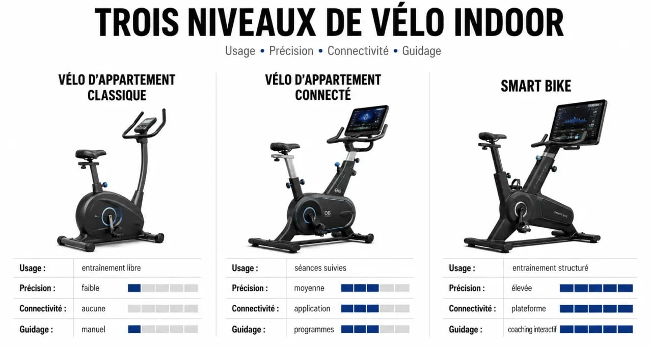 velo appartement connecté comparé à un smart bike et à un vélo classique