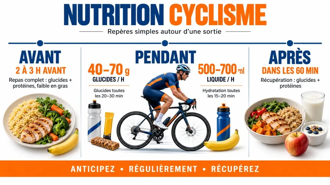 Infographie de nutrition cyclisme avec timing des glucides et de l’hydratation avant, pendant et après une sortie