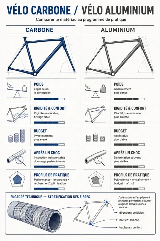 Vélo carbone comparé au vélo aluminium selon le poids, le confort et la pratique