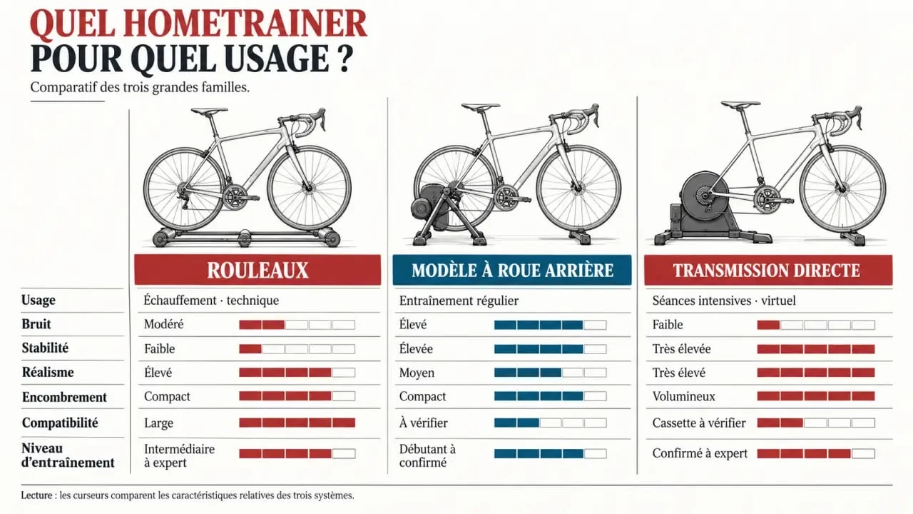 Comparatif visuel des types de hometrainer selon l’usage, le bruit, la stabilité et la compatibilité