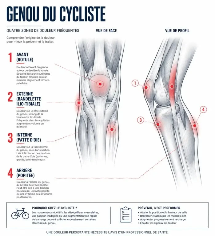 Schéma des zones de douleur au genou à vélo par pathologie