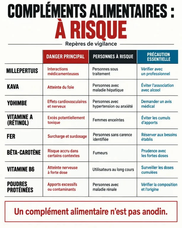 Infographie sur la liste des compléments alimentaires dangereux et les principaux risques