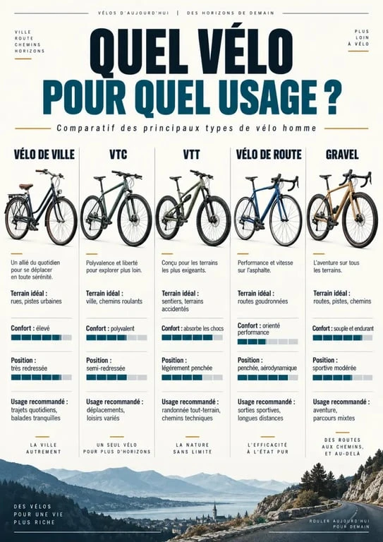 Infographie comparative des types de vélo homme selon l’usage et le terrain