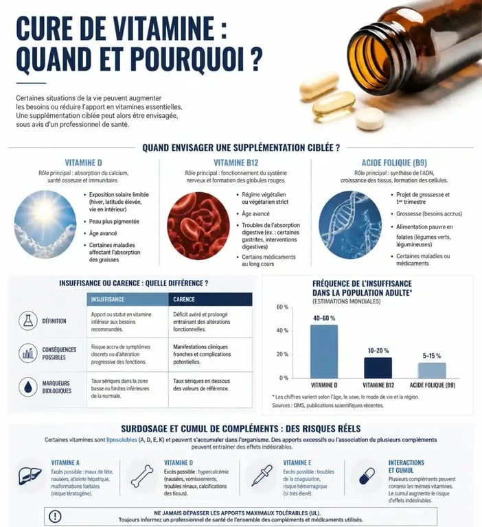 Infographie sur la cure de vitamine, les situations à risque de carence et les précautions contre le surdosage