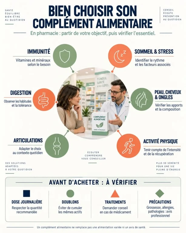 Infographie sur le complément alimentaire en pharmacie, les objectifs de prise et les précautions à vérifier
