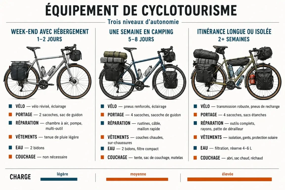 Infographie sur l’équipement cyclotourisme selon la durée et l’autonomie du voyage
