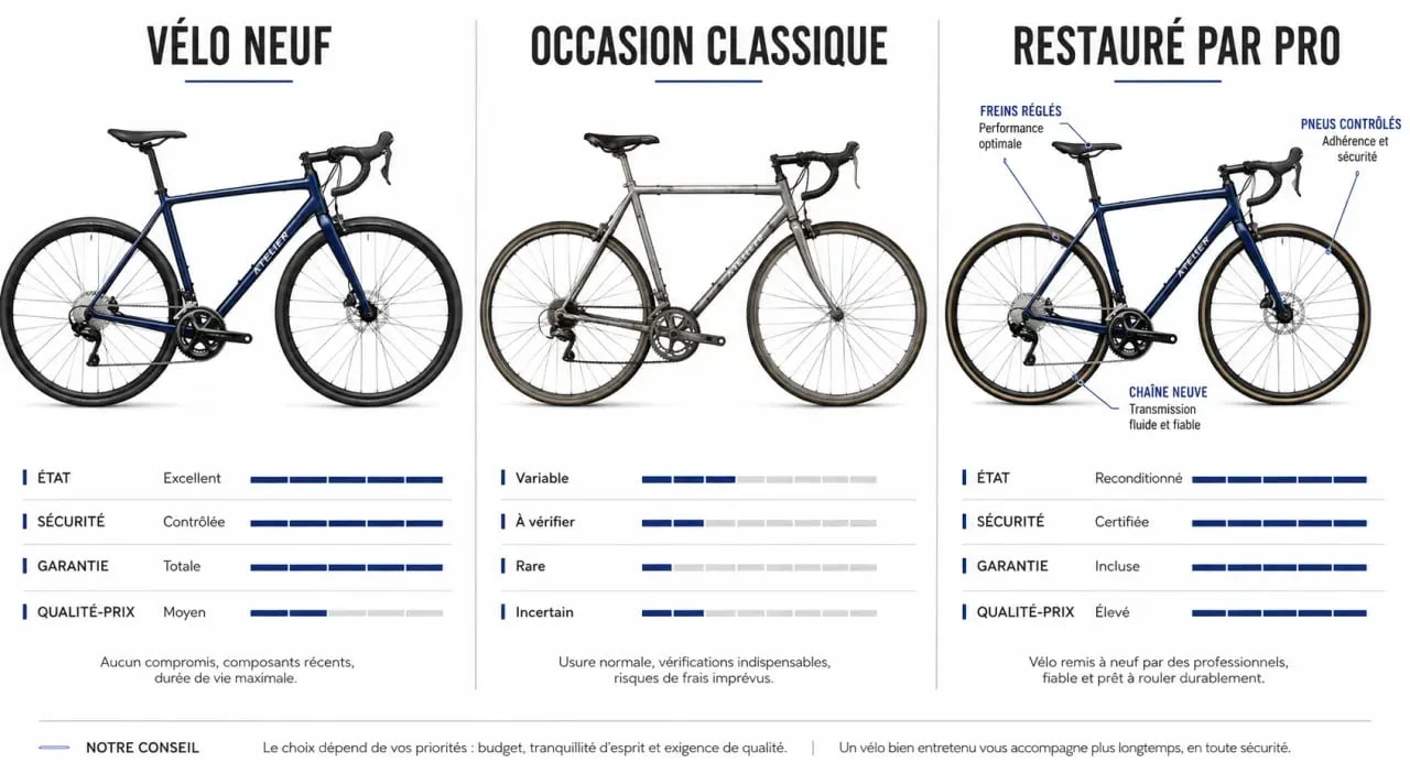 Saikle : comparaison entre vélo neuf, vélo d’occasion classique et vélo restauré