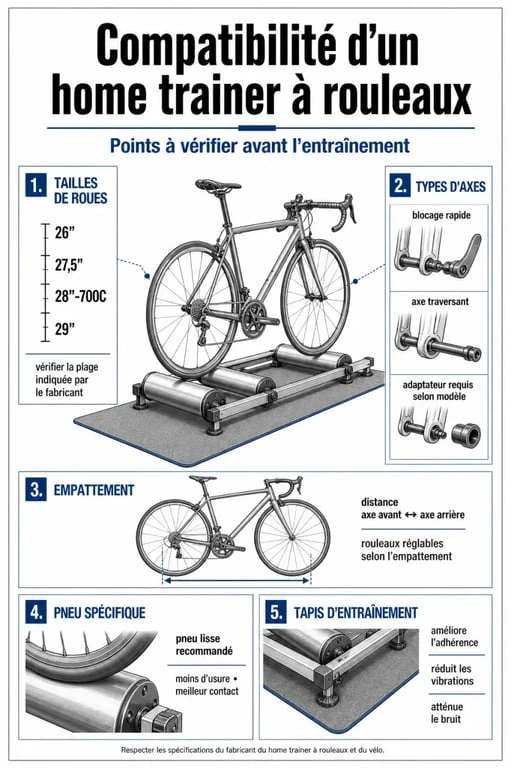 Schéma de compatibilité pour home trainer rouleaux avec tailles de roues et axes