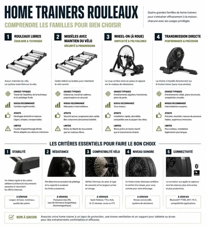 Infographie comparant home trainer rouleaux et critères de choix pour home trainer rouleaux