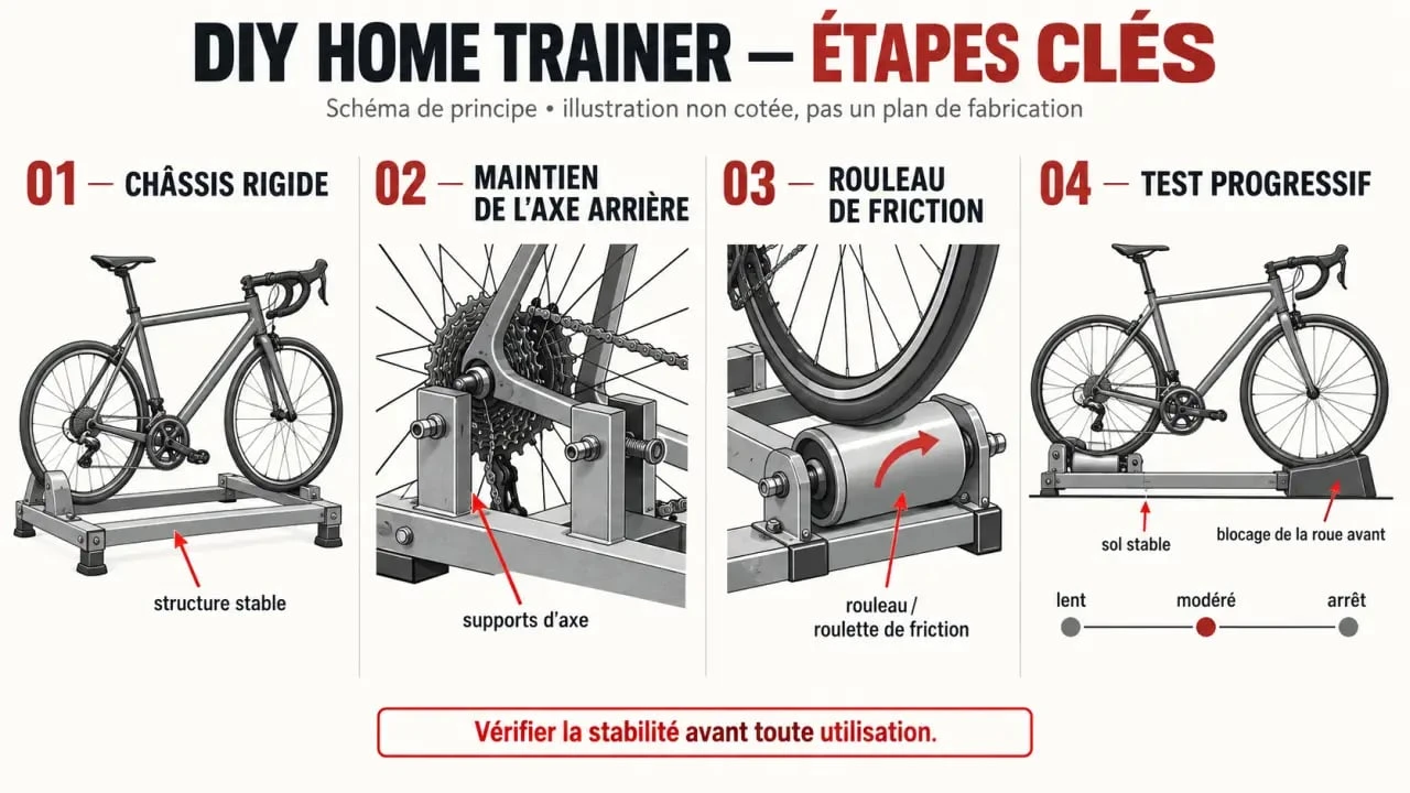 Illustration des étapes de fabrication d’un DIY home trainer pour vélo