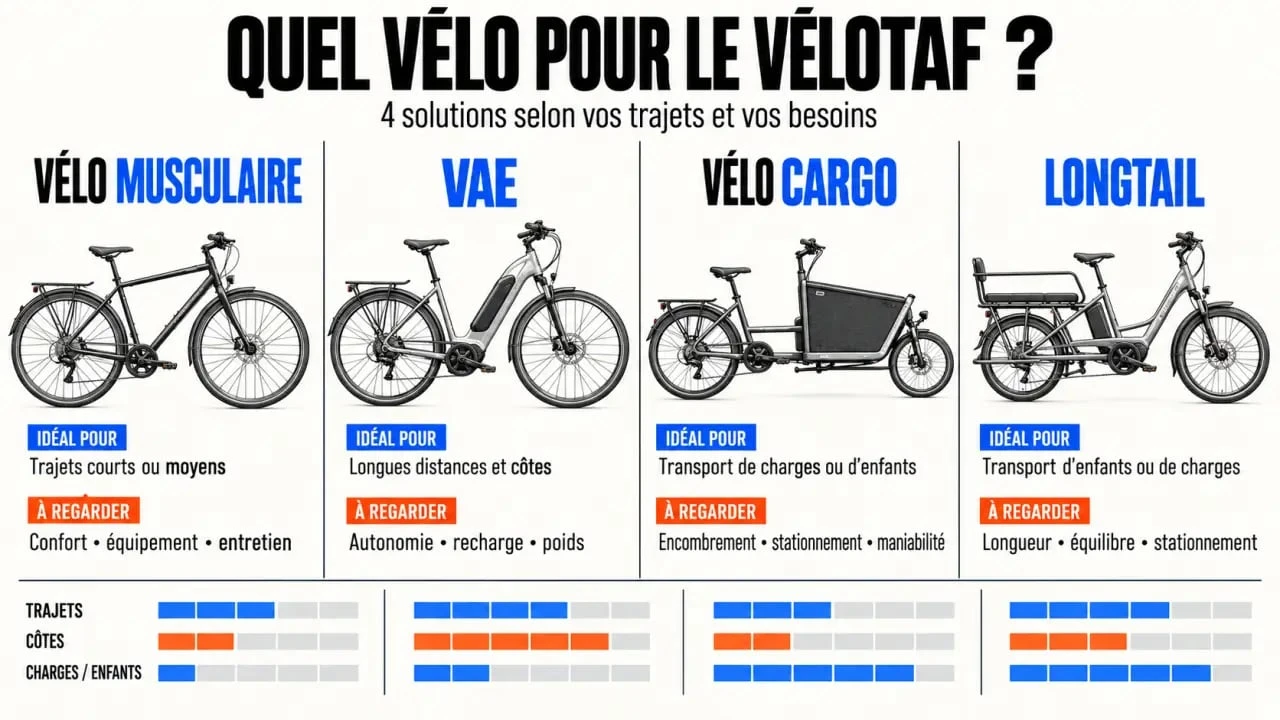 Infographie pour vélotafeur comparant vélo musculaire, VAE, vélo cargo et longtail
